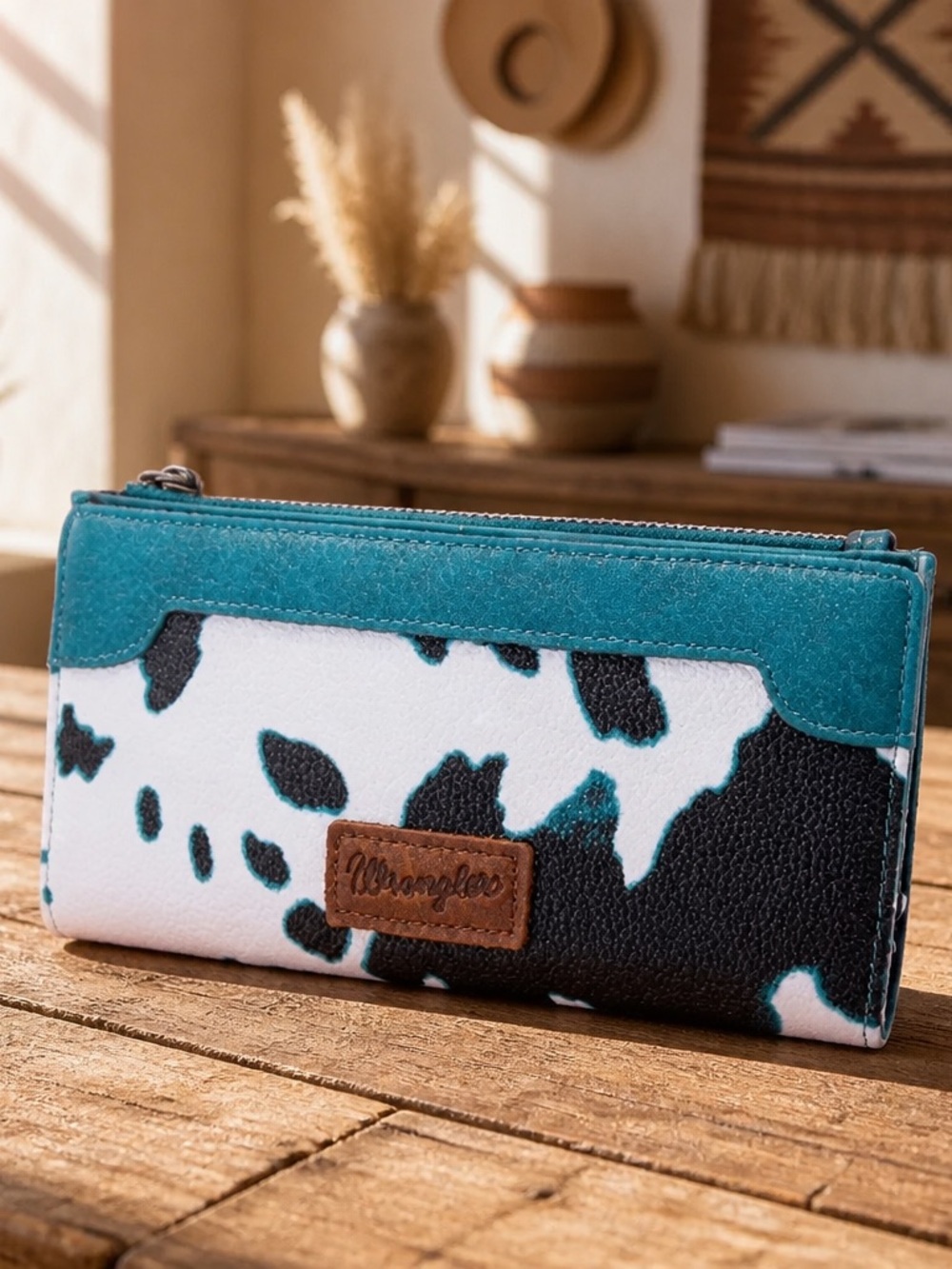 Montana West Wrangler Cow Print Wallet Turquoise